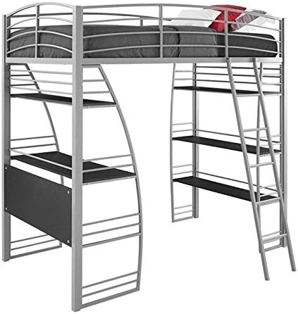 Gray Metal Frame Twin Loft Bed with Desk and Bookcase J7309