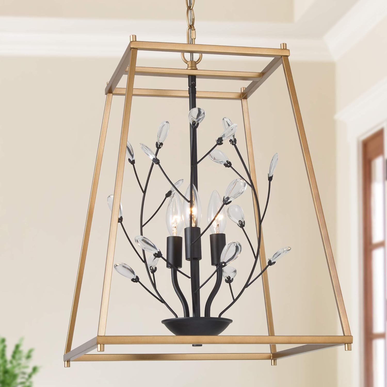 Gold Metal Square 3 Light Chandelier with Crystal R5736