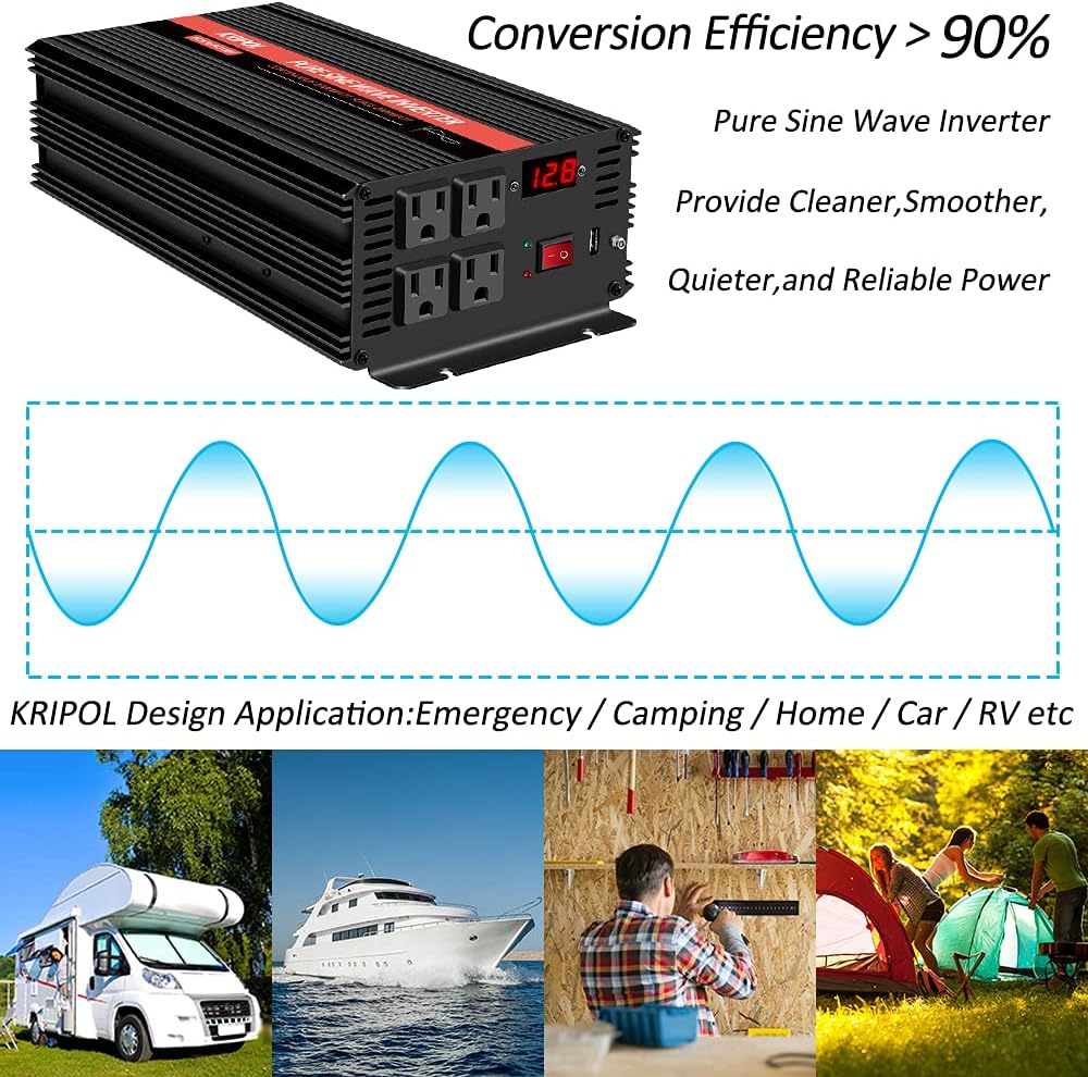 1500 Watt Pure Sine Wave Power Inverter 12V DC to 110V AC 60HZ with 4 AC Outlets and 1 USB Output L687162