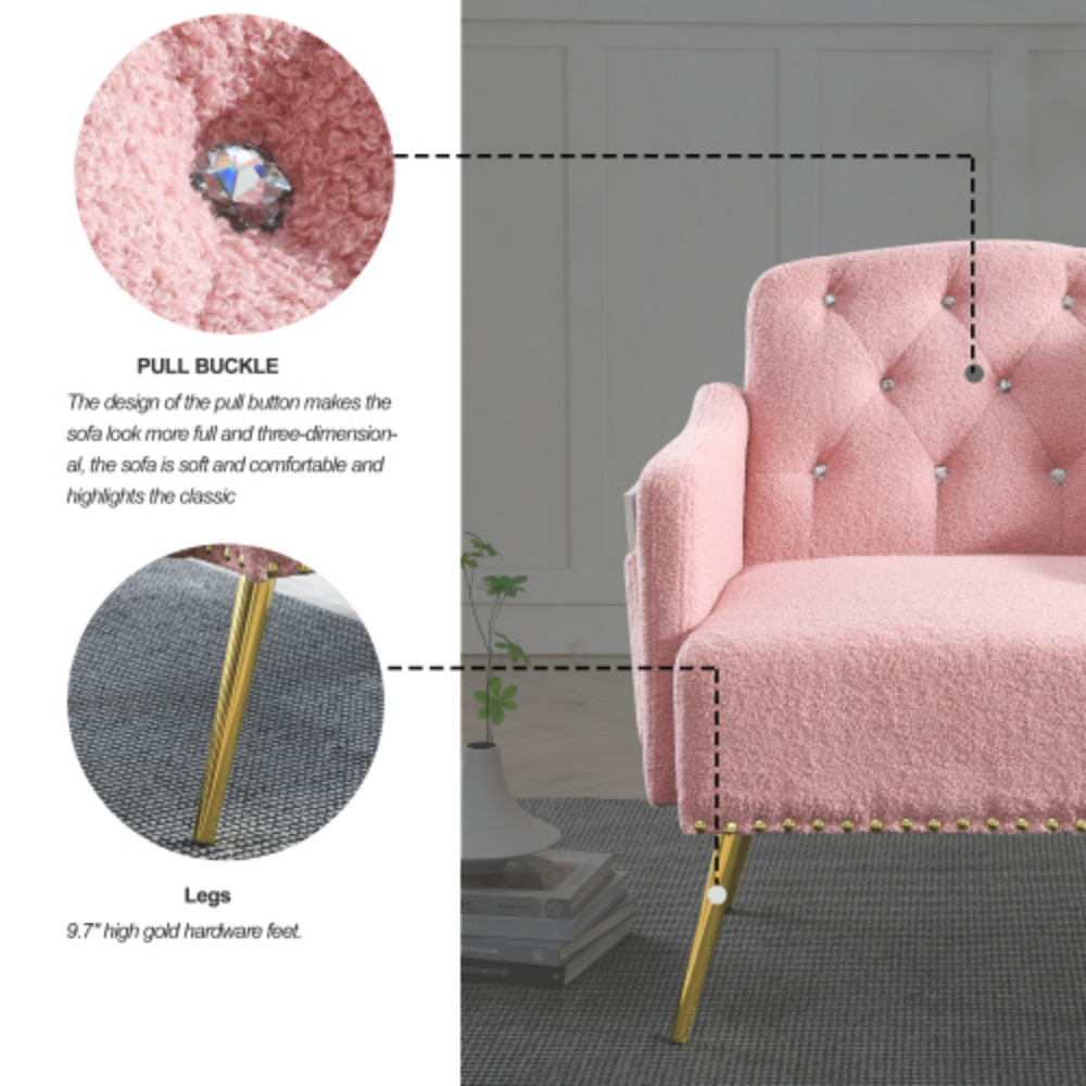 Pink Teddy Upholstered Chesterfield Chair with Gold Hardware Legs J96052