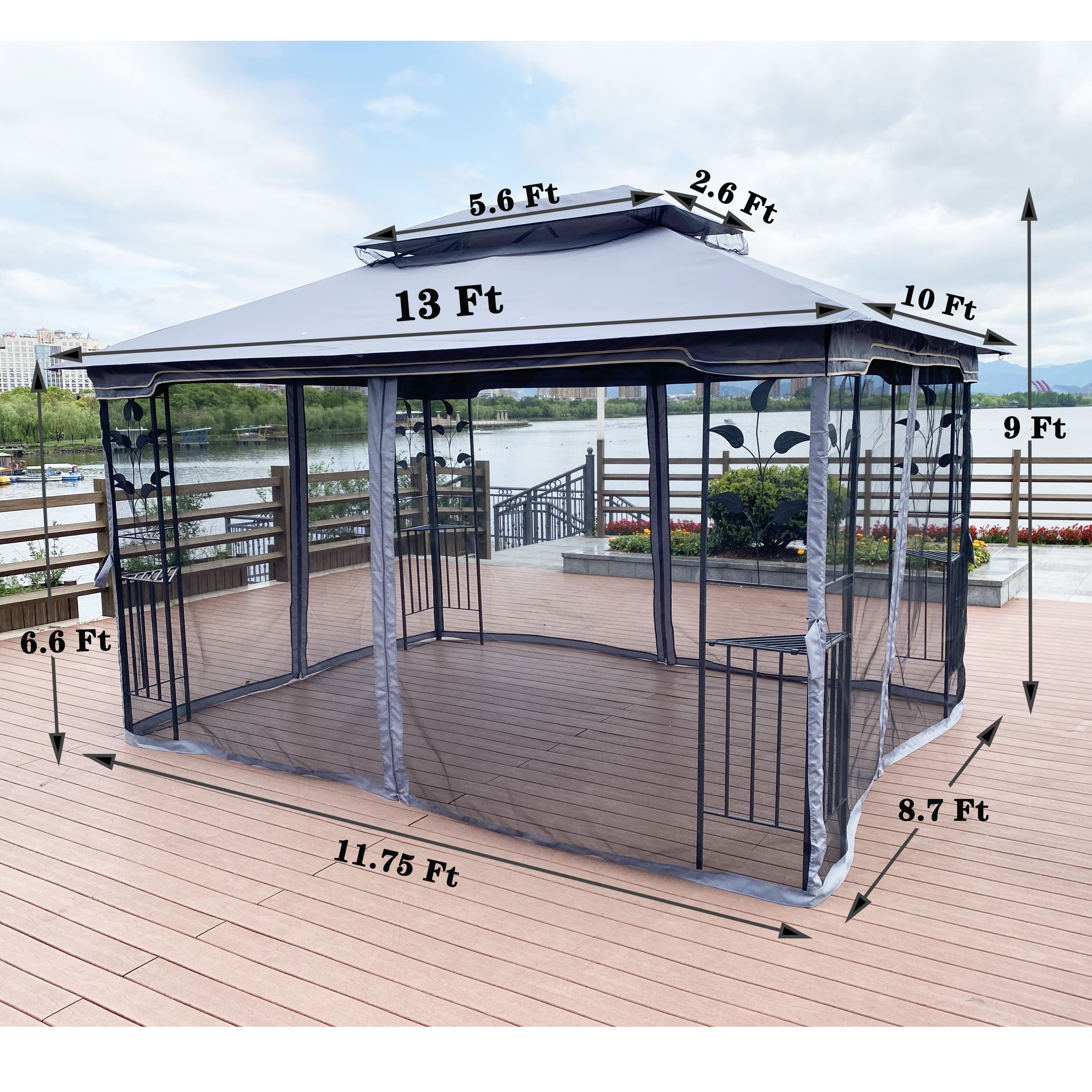 Gray Patio Gazebo Canopy Tent with Mosquito Net V11636
