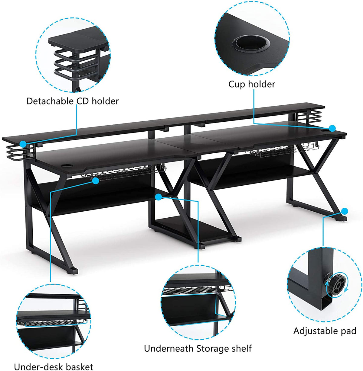 Double Gaming Desk with Hutch Monitor Stand Riser, 102-Inch Two Person Computer Desk with Storage Bookshelf B4359