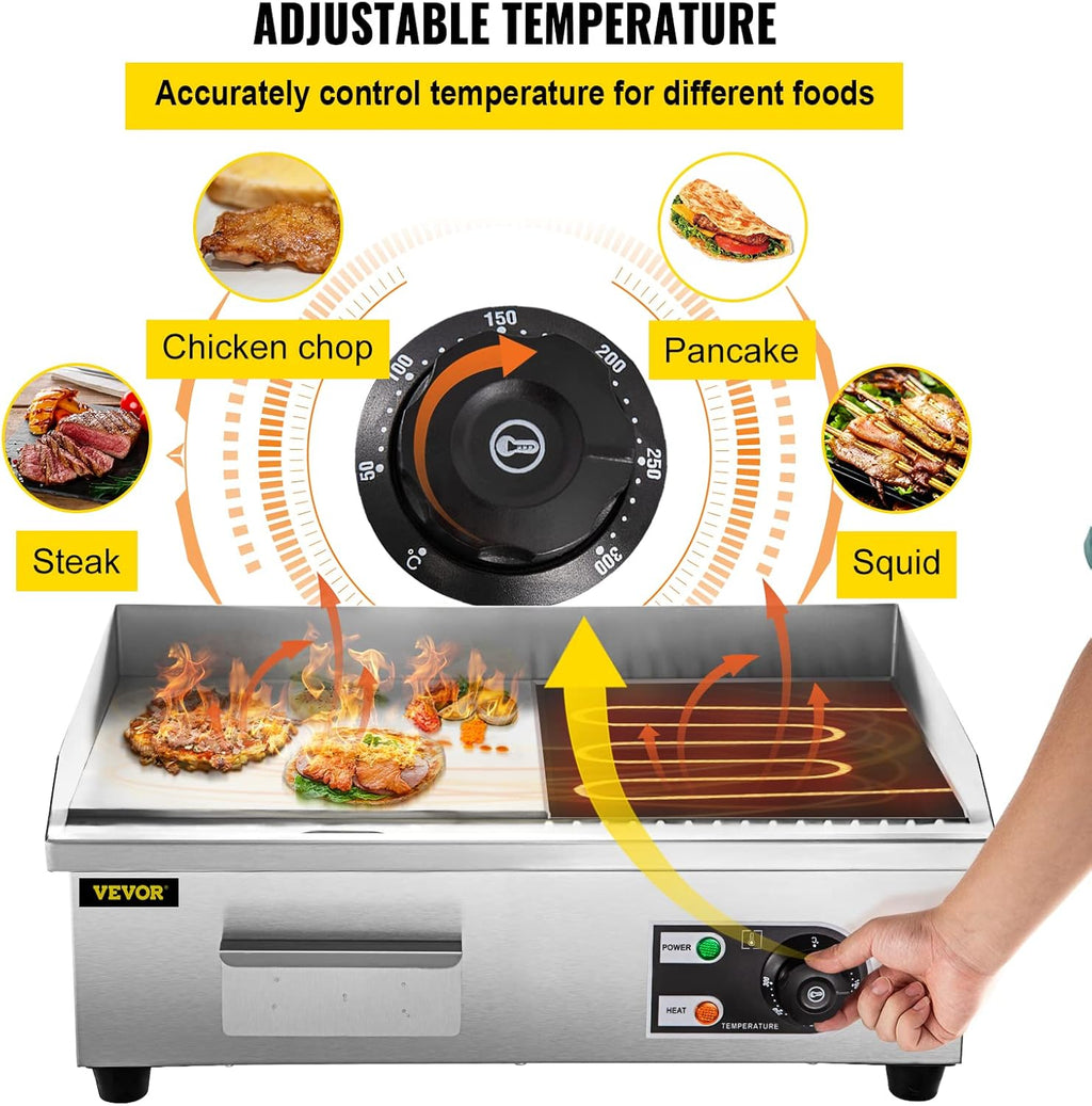 22" Commercial Electric Griddle, 1600W Flat Top Grill, Stainless Steel Countertop Griddle with Drip Hole E11477