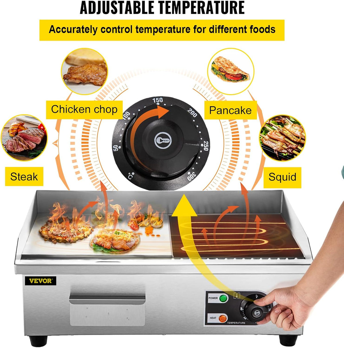 22" Commercial Electric Griddle, 1600W Flat Top Grill, Stainless Steel Countertop Griddle with Drip Hole E11477