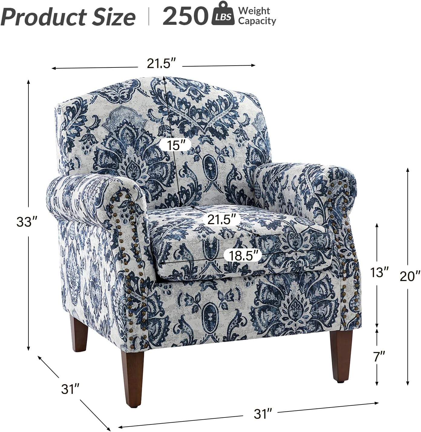 Navy Accent Chair with Wood Legs and Removable Cushion H8112