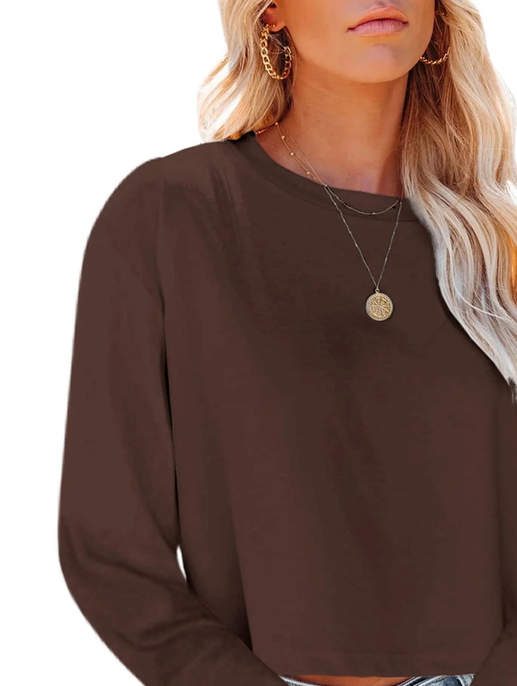 Women Long Sleeve Cropped T-Shirts Solid Tops S-2XL A53629