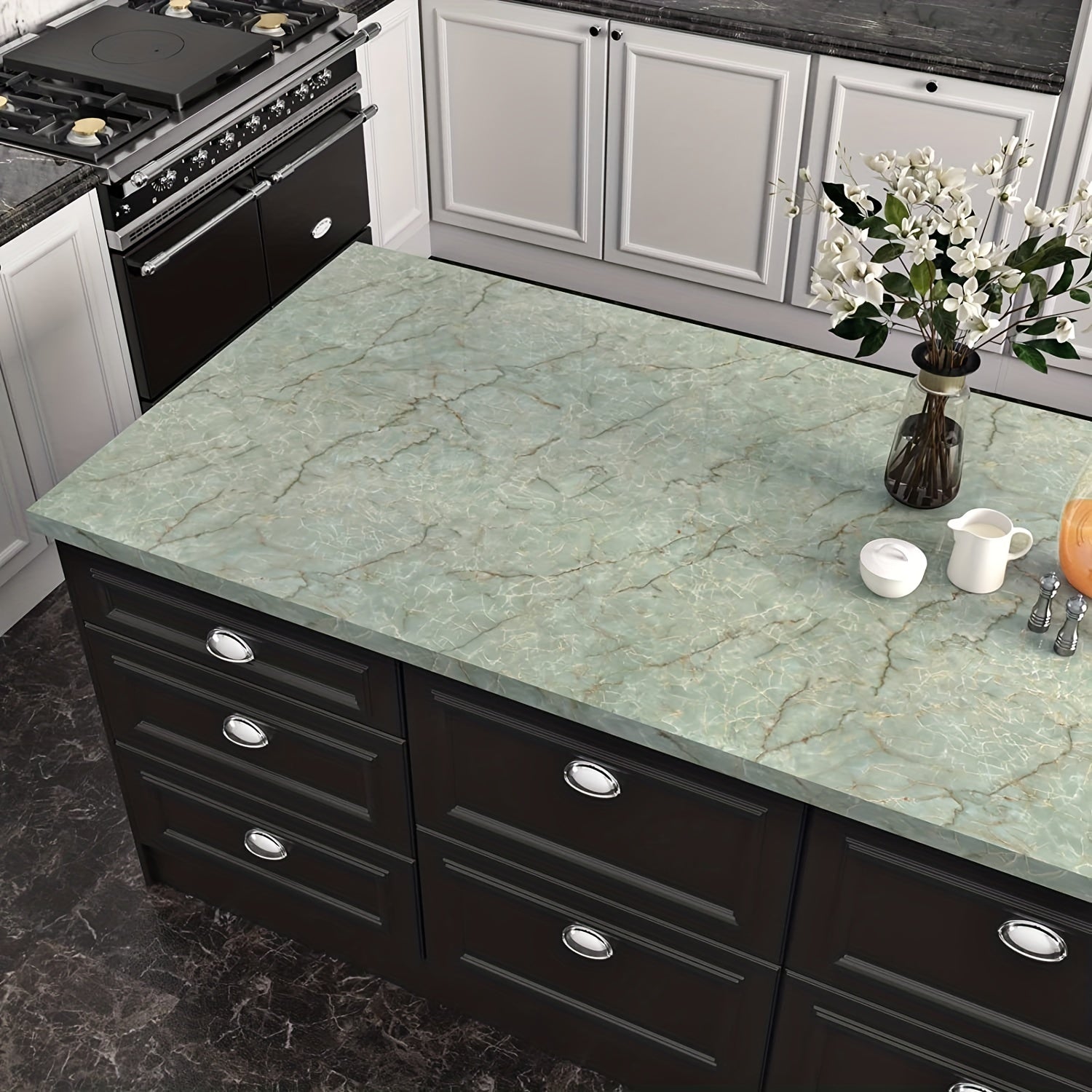 Cyan Glossy Film Marble Wallpaper Roll G31428