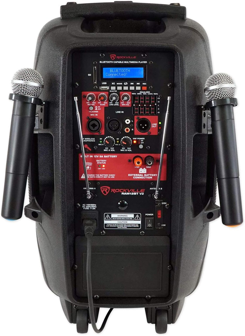 12" Rechargeable Powered 600W PA Speaker with 2 Mics and Bluetooth K5975