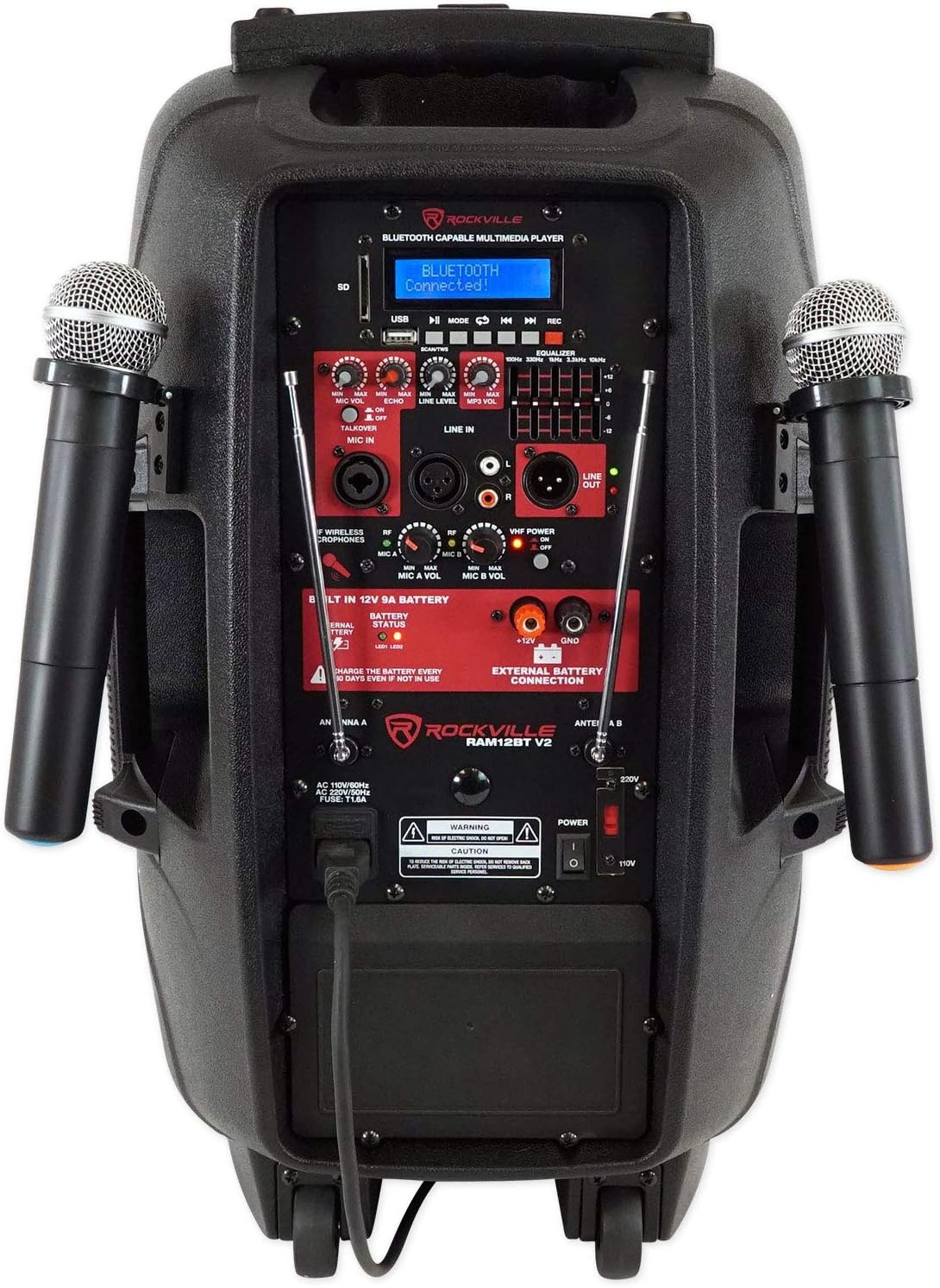 12" Rechargeable Powered 600W PA Speaker with 2 Mics and Bluetooth K5975