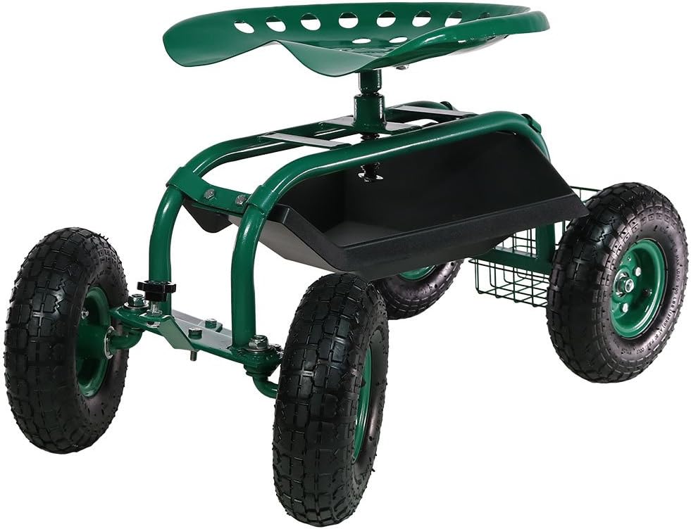 Green Rolling Gardening Chair Cart with Swivel Seat and Storage Basket I7979
