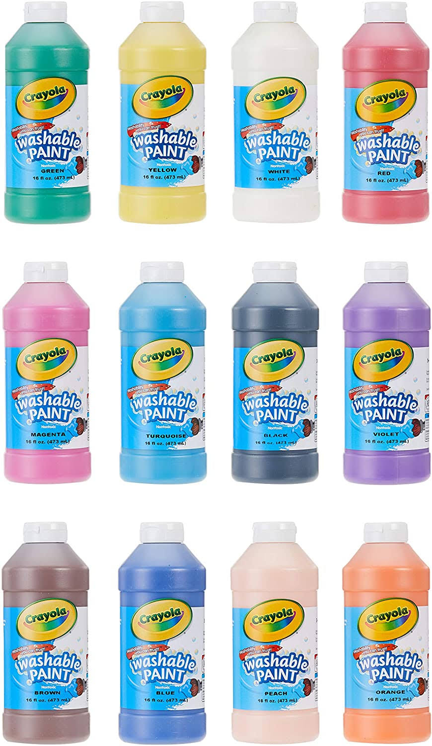 Assorted 16 oz Washable Paint, 12 per Set P14507
