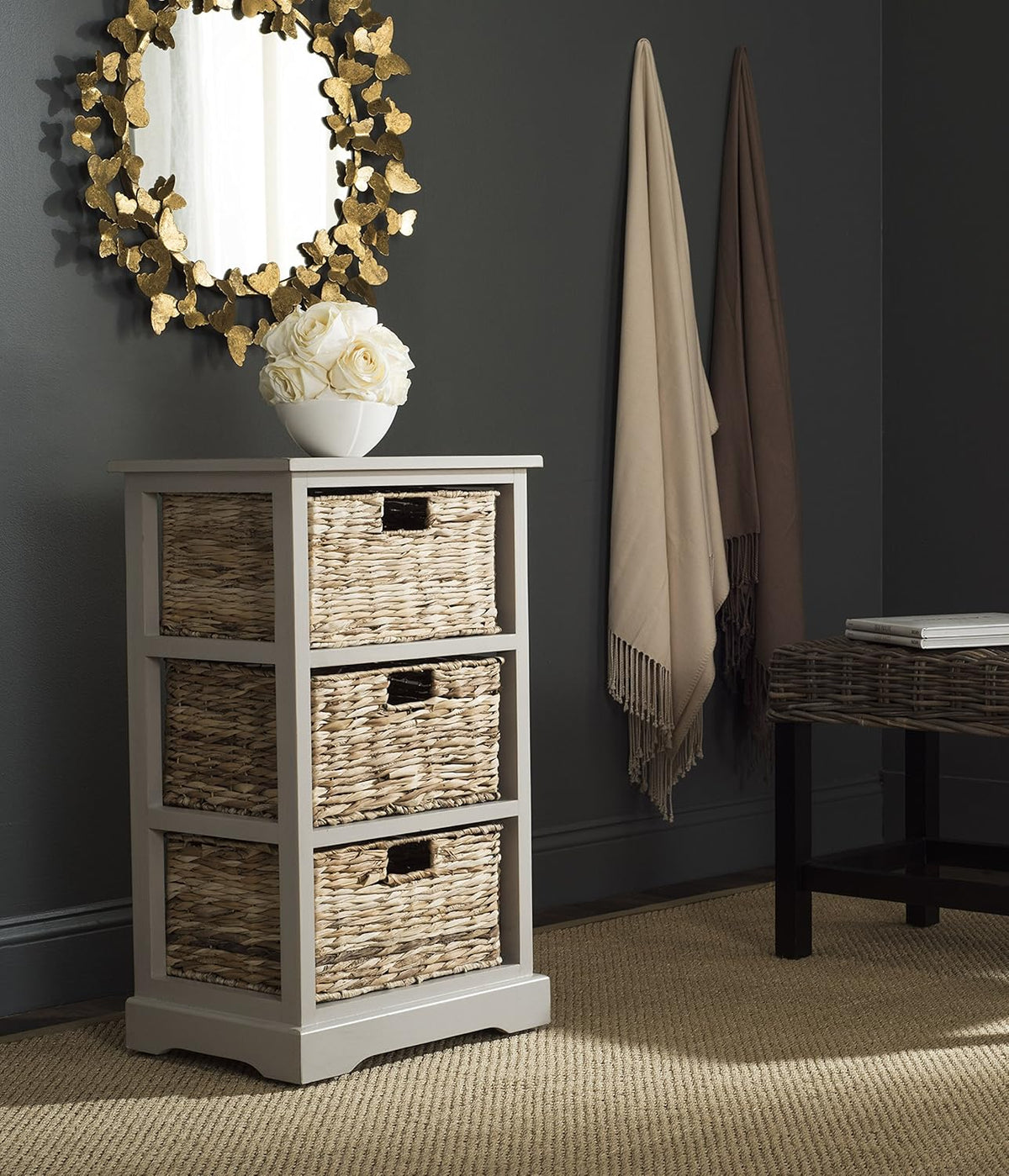 Distressed Black 3 Wicker Basket Storage Side Table C1922