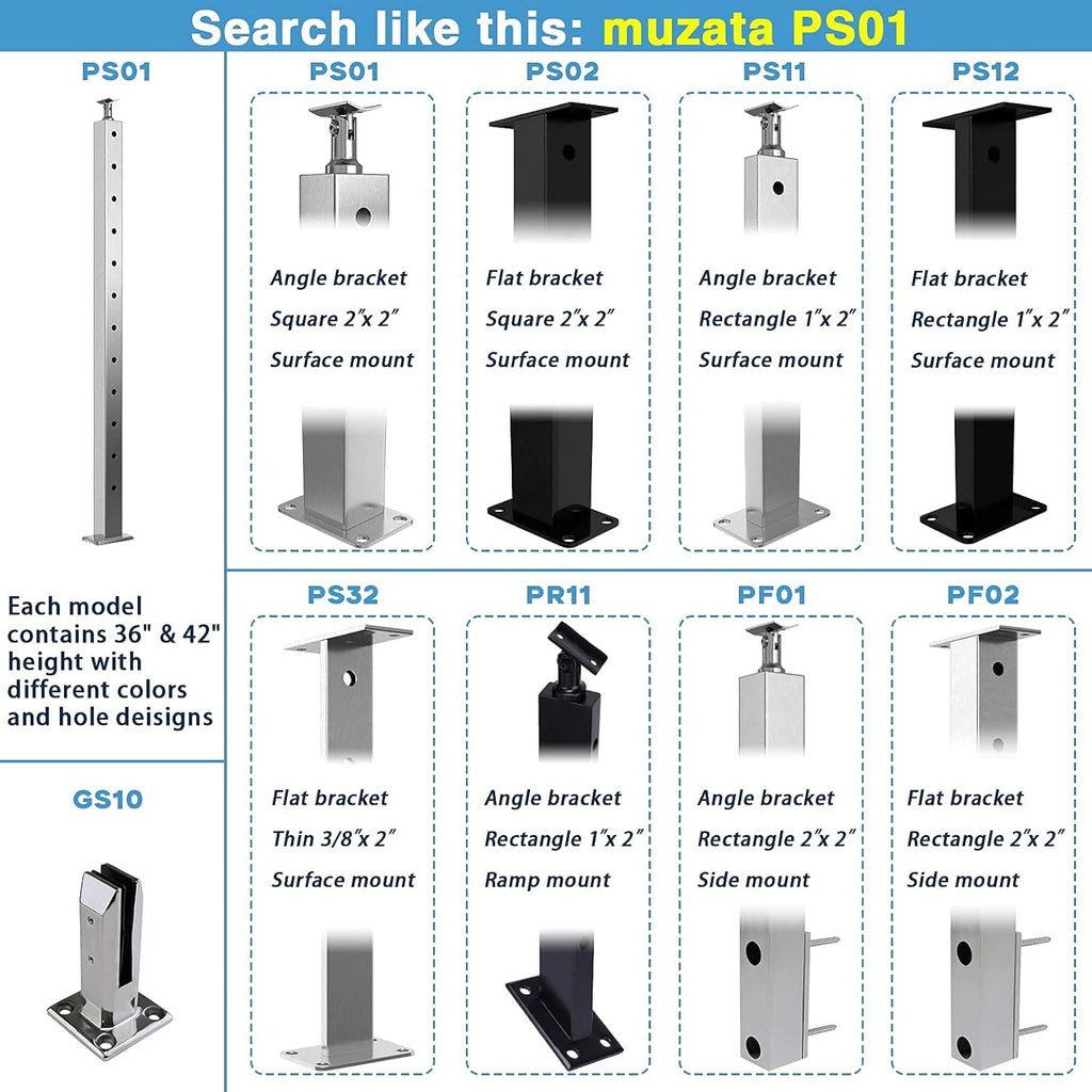 Black 30 Degree Stair Pre-Drilled Angle Holes 36x2x2 Stainless Steel Square Weldless Cable Railing Post W227866