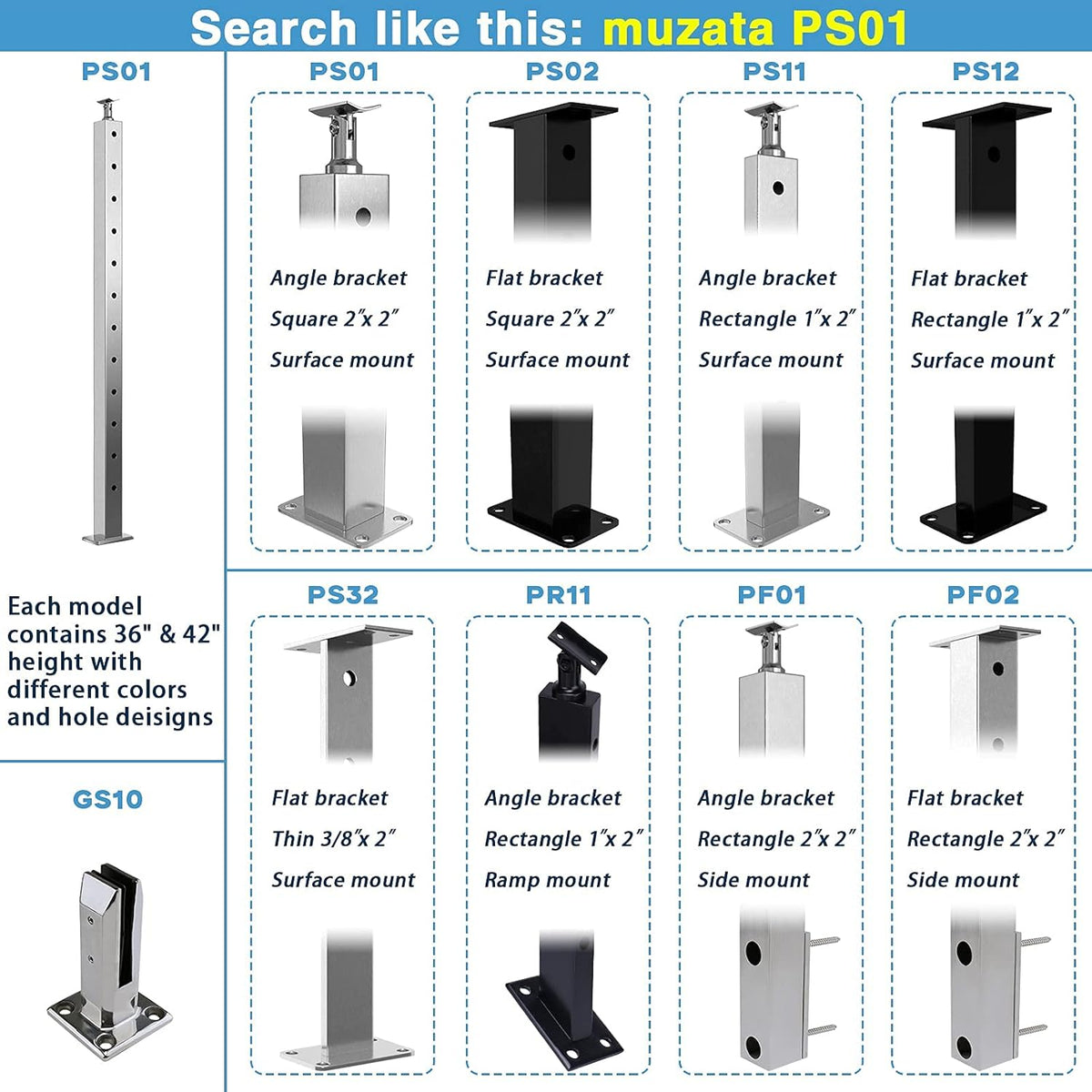 Black 30 Degree Stair Pre-Drilled Angle Holes 36x2x2 Stainless Steel Square Weldless Cable Railing Post W227866