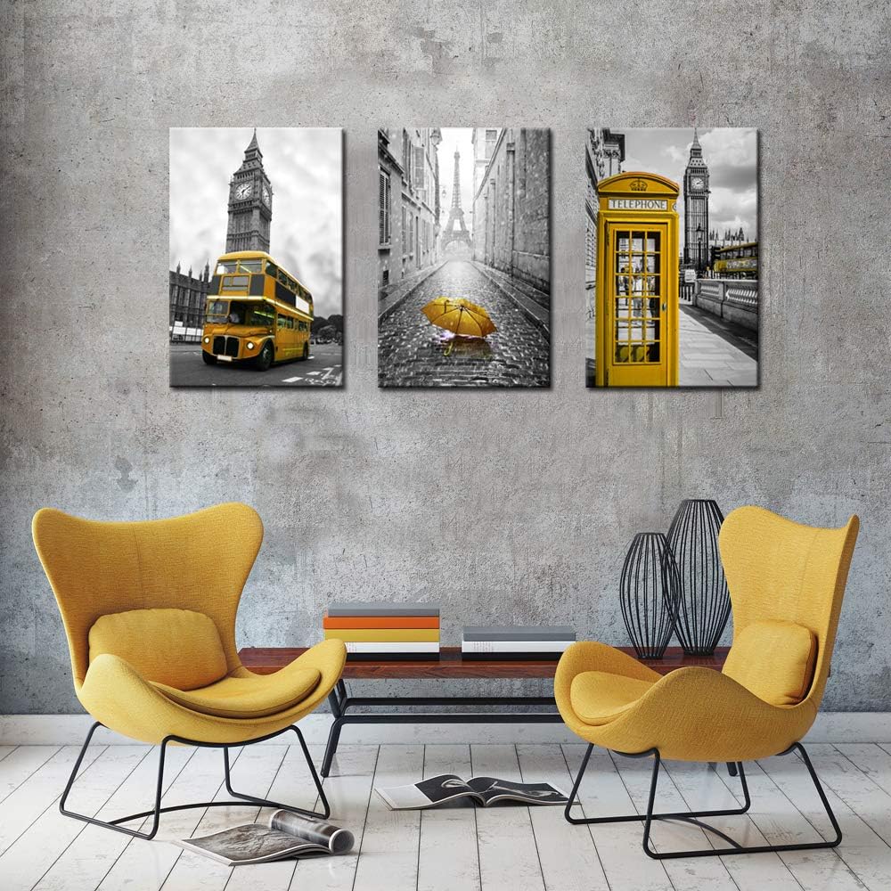 3 Panel City Wall Art Paris Eiffel Tower London Big Ben Canvas Black and Yellow Artwork X148634