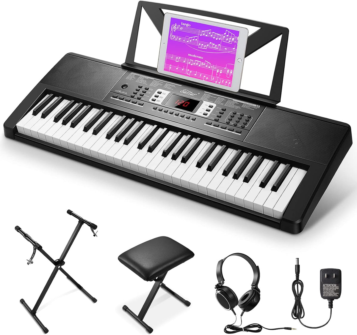 54 Key Electronic Keyboard Piano with Piano Stand, Bench, Music Stand, Headphone, Power Adapter and Note Stickers S7434