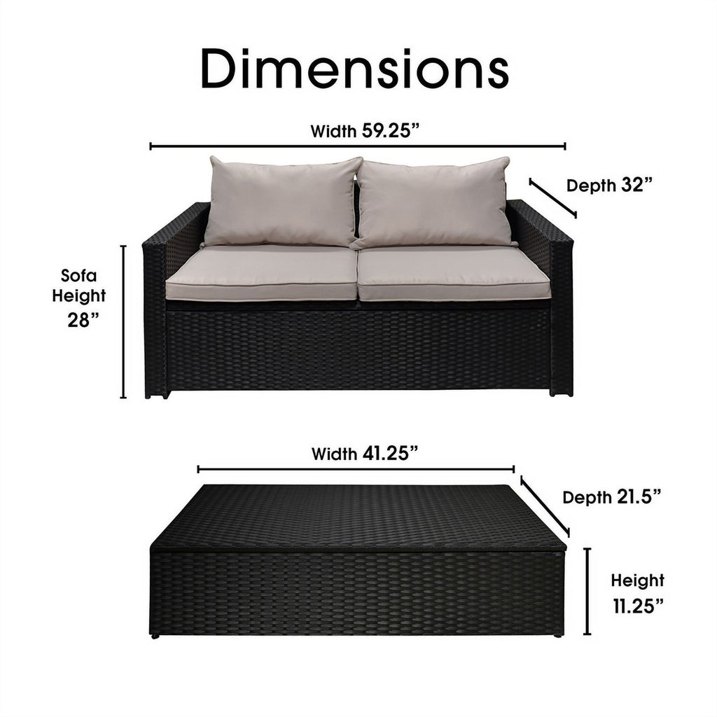 Black Wicker Outdoor Storage Sofa and Coffee Table L981473