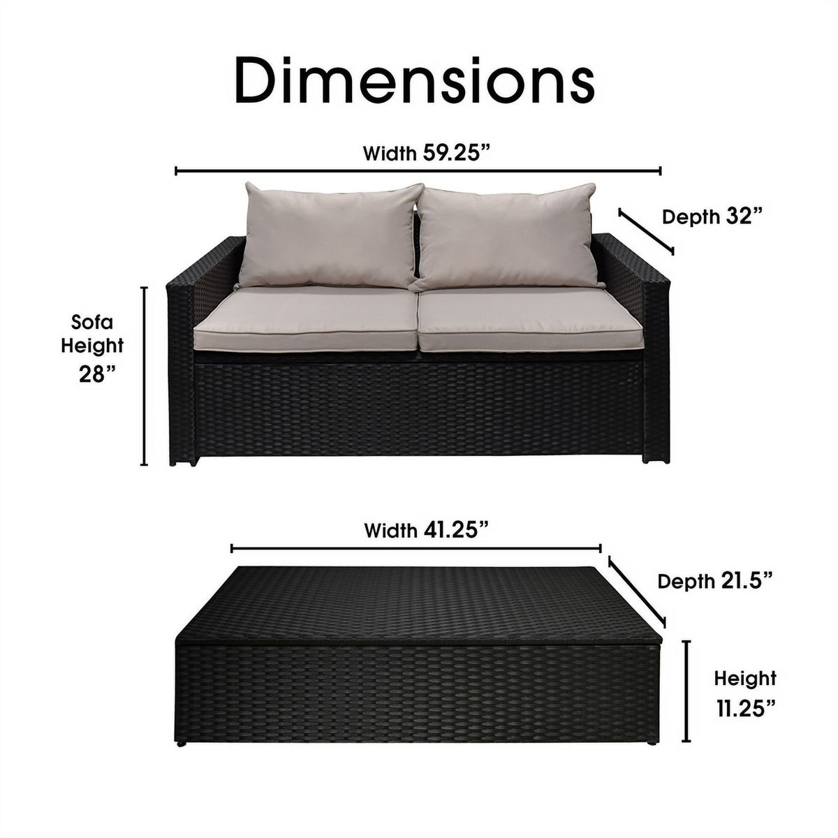 Black Wicker Outdoor Storage Sofa and Coffee Table L981473