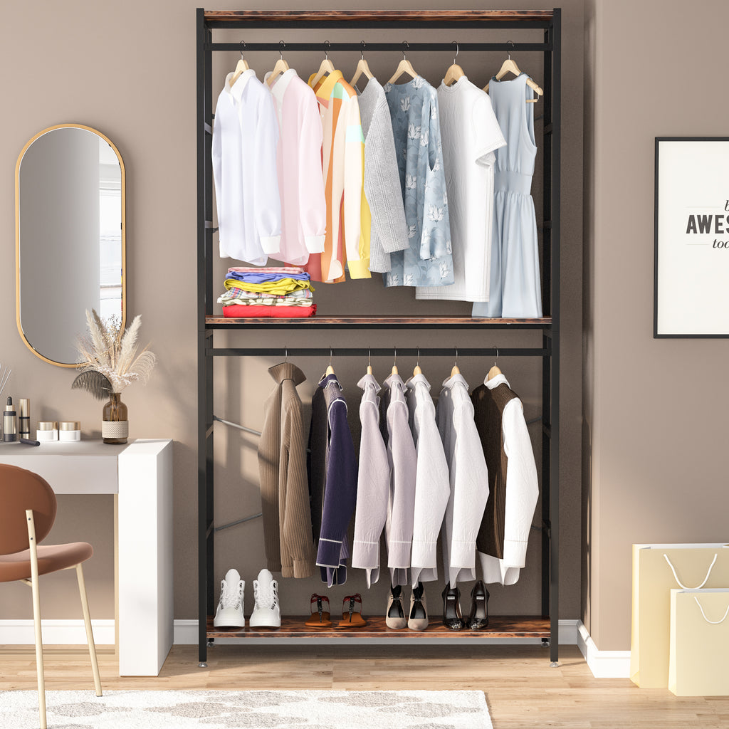 86 inches Double Rod Closet Organizer, Freestanding 3 Tiers Shelves Garment Racks U49108