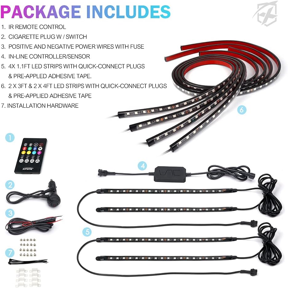 RGB LED Car Underglow Light Kits, 8PCS Underbody Interior Bluetooth Lights Z6300