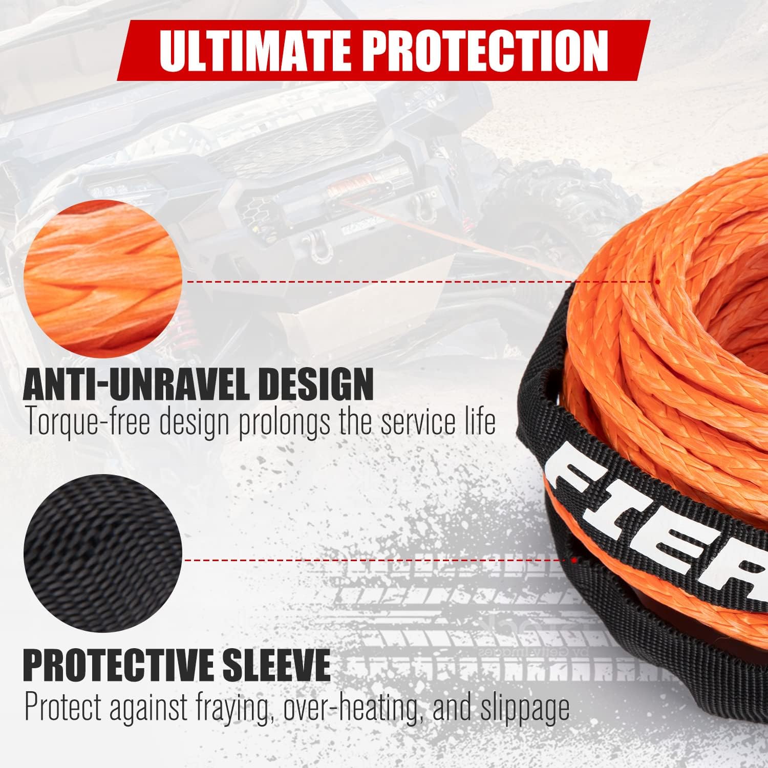 Orange 50FT Synthetic Winch Rope Cable Kit with Forged Hook Fairleads L35699