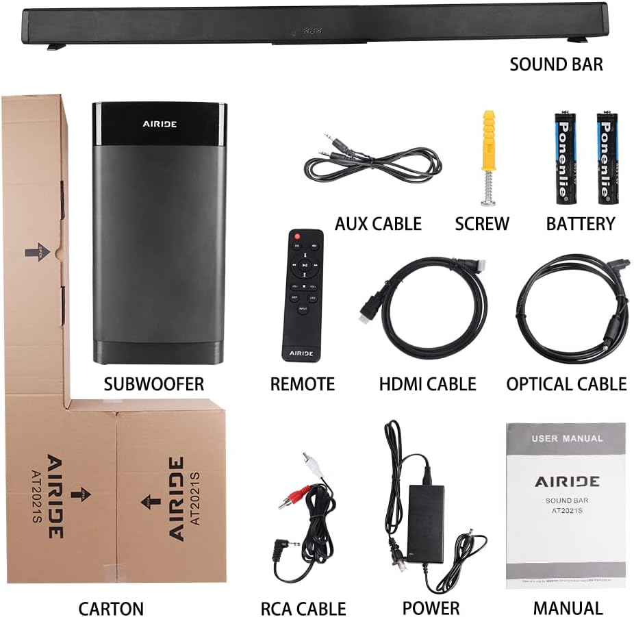 38.5” 2.1 CH Sound Bar with 5.25 inch Subwoofer, Bluetooth 5.0, HDMI(ARC), Optical, COAXIAL, AUX, RCA, USB, Black W2514