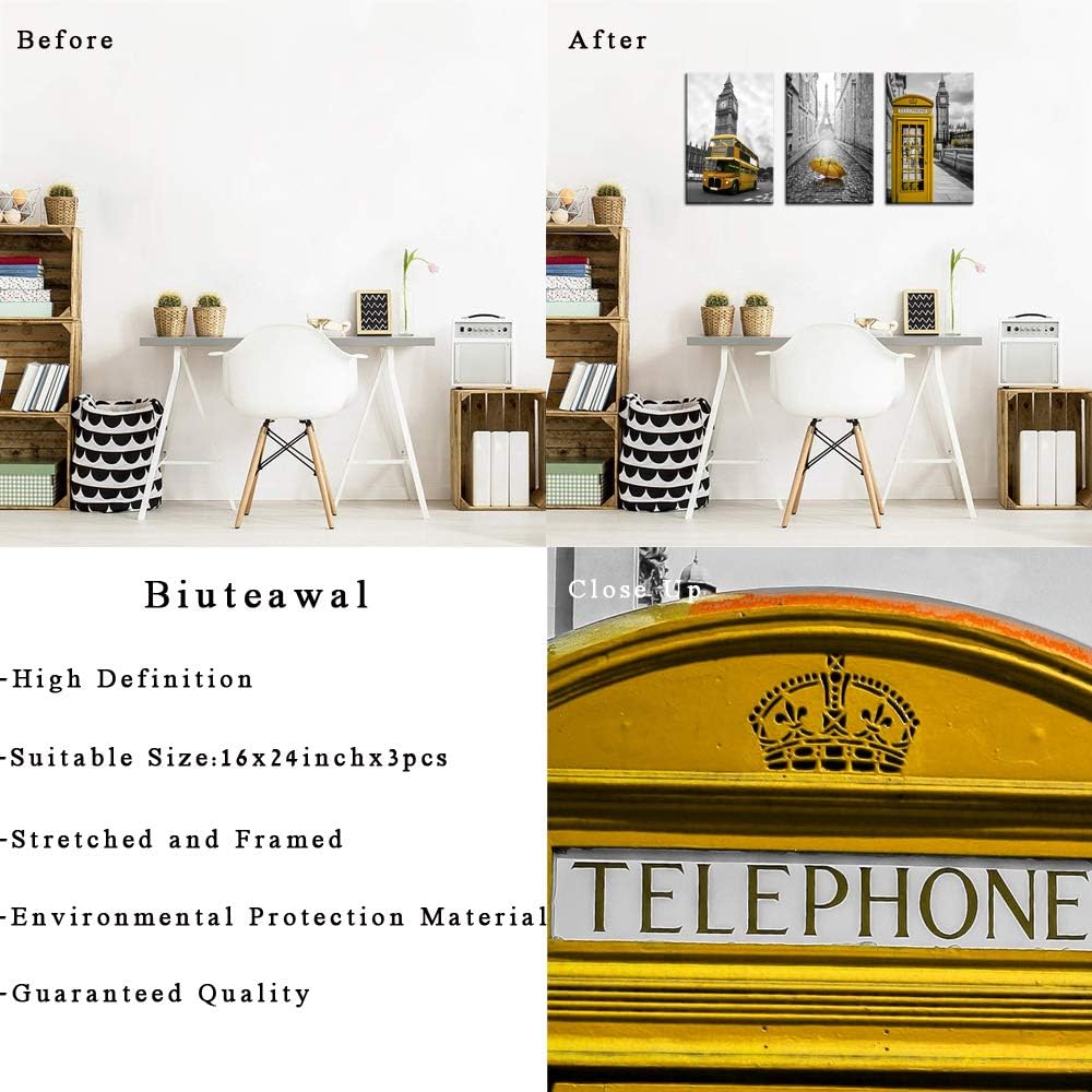 3 Panel City Wall Art Paris Eiffel Tower London Big Ben Canvas Black and Yellow Artwork X148634