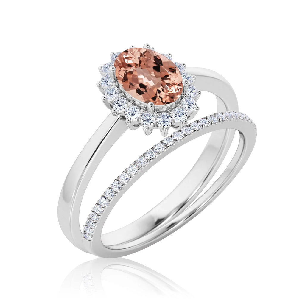 2.00 Carat Oval Morganite And Diamond Moissanite Engagement Ring With Matching Band in 925 Sterling Silver M808