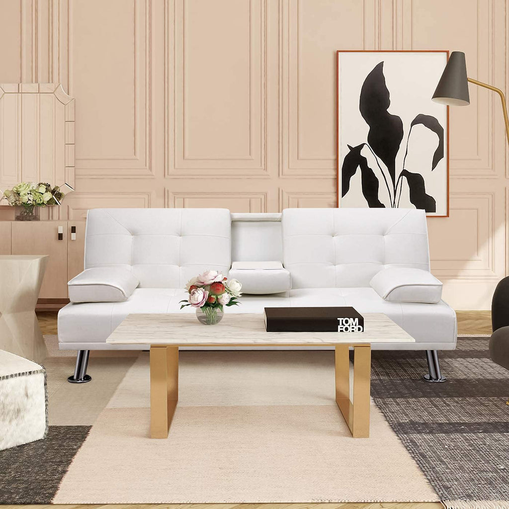 White Faux Leather Sofa Bed with Cup Holders K70293