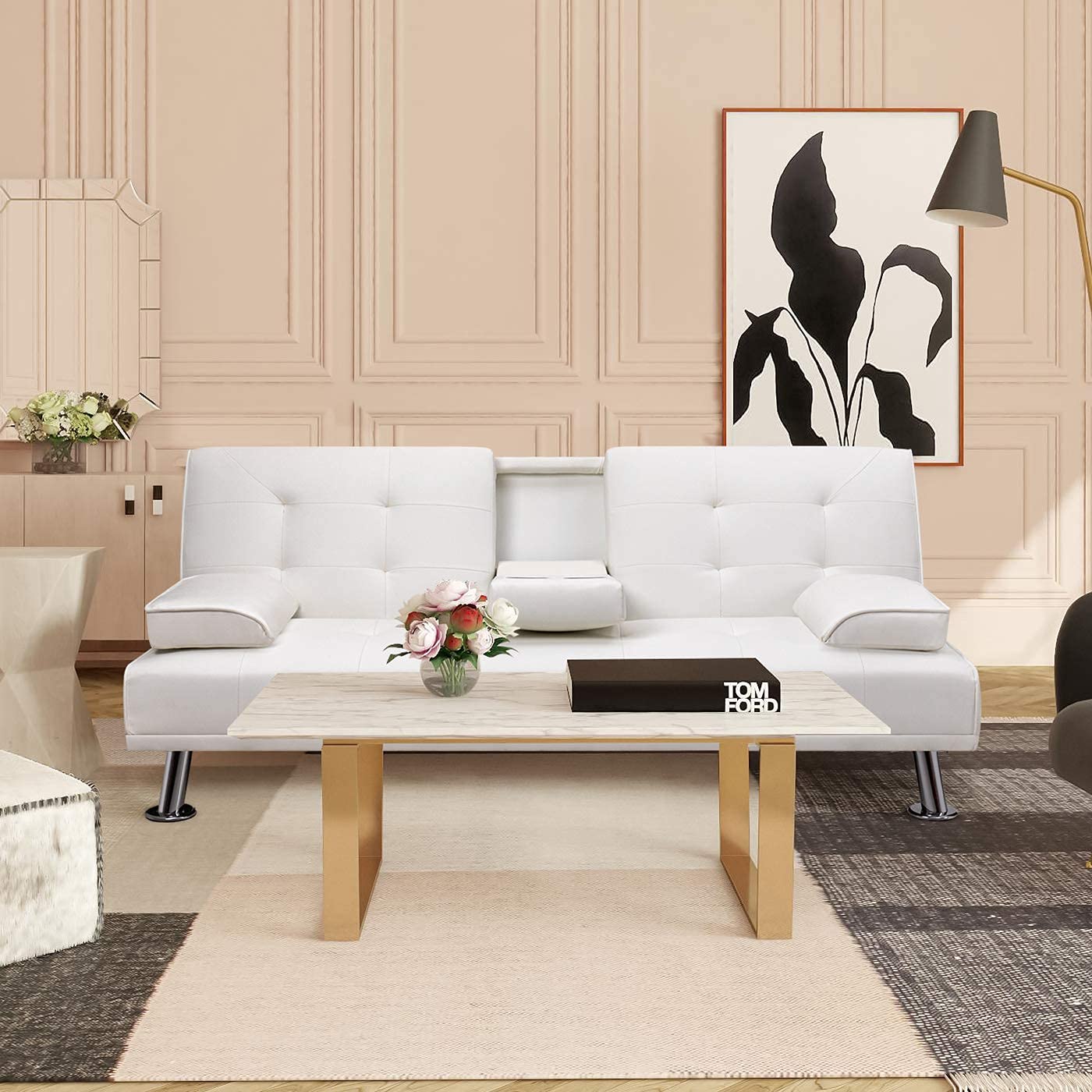 White Faux Leather Sofa Bed with Cup Holders K70293
