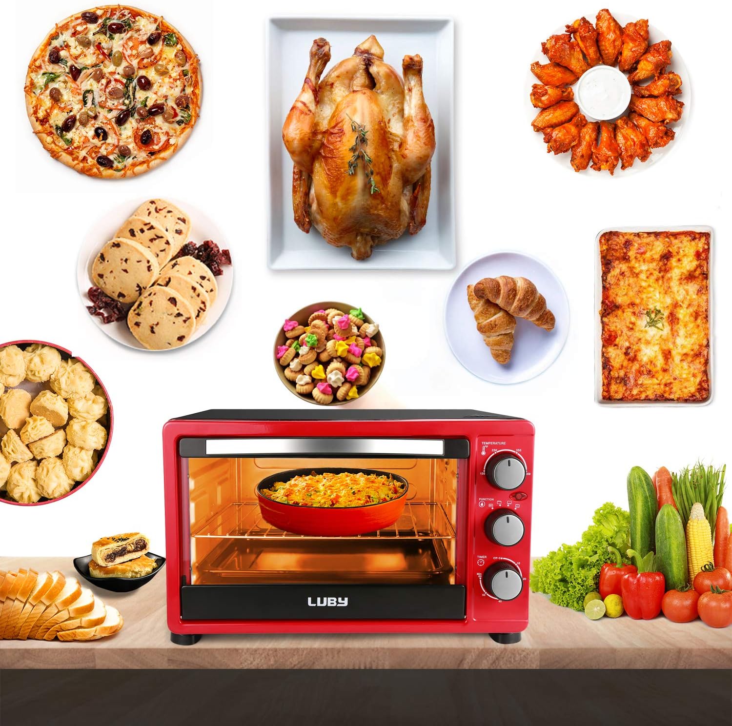 Red 6-Slice Convection Toaster Oven with Timer, Baking Pan, Rack and Crumb Tray, Pack of 2 X724