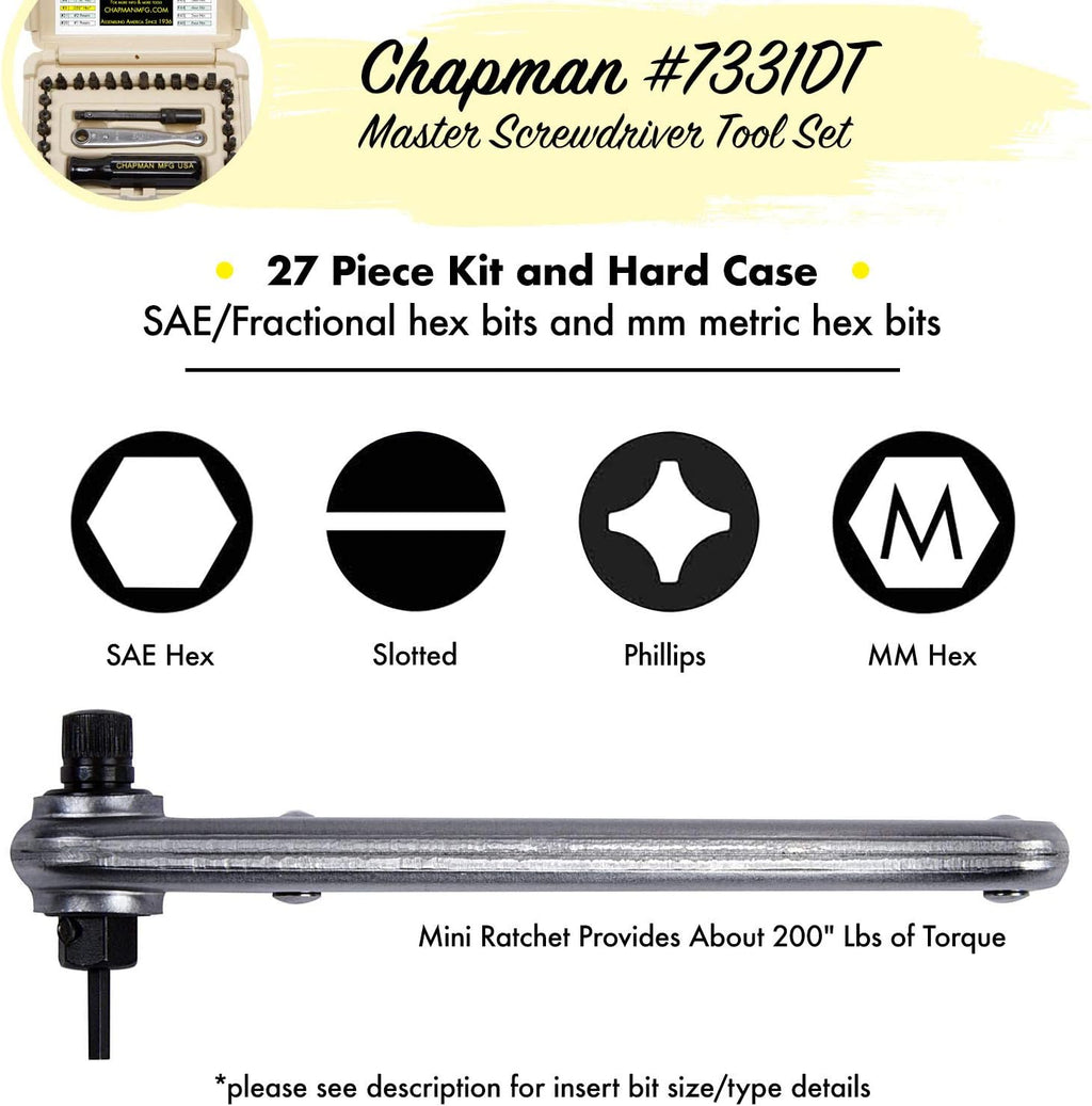 24 USA Made Insert Bits Screwdriver Set with Mini Ratchet Hand Tool A254698