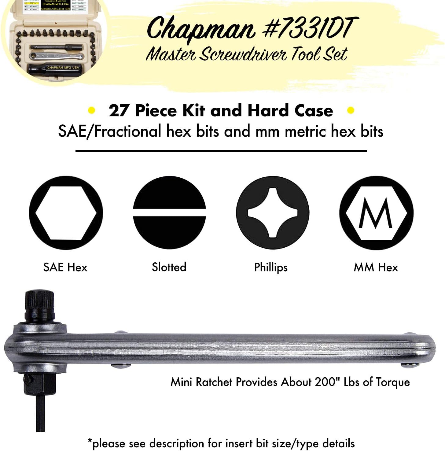 24 USA Made Insert Bits Screwdriver Set with Mini Ratchet Hand Tool A254698