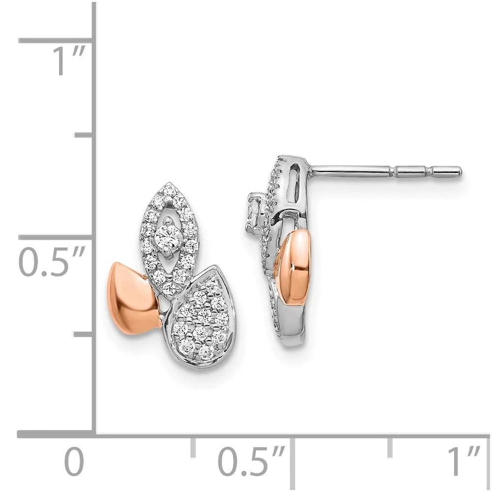 14k Yellow Gold Rose & White Gold Real Diamond Fancy Leaf Earrings D7015