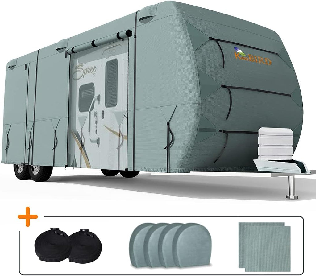 Extra-Thick 4 Layers Travel Trailer RV Cover with 2Pcs Extra Straps & 4 Tire Covers G65614