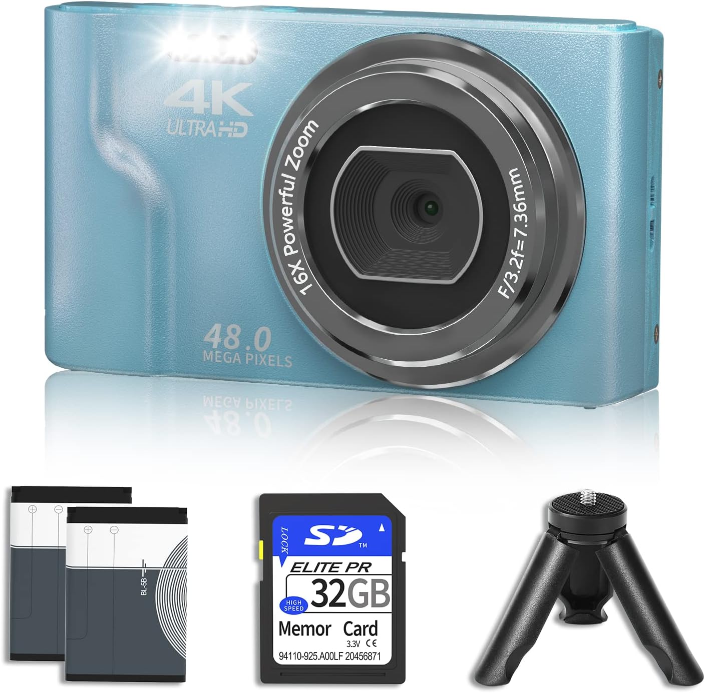4K 48MP Mini Digital Camera with 2 Batteries, 32GB SD Card, Tripod, Black, Pack of 2 G835