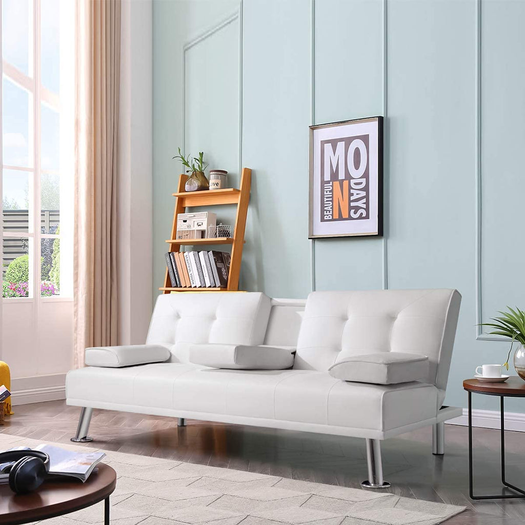 White Faux Leather Sofa Bed with Cup Holders K70293