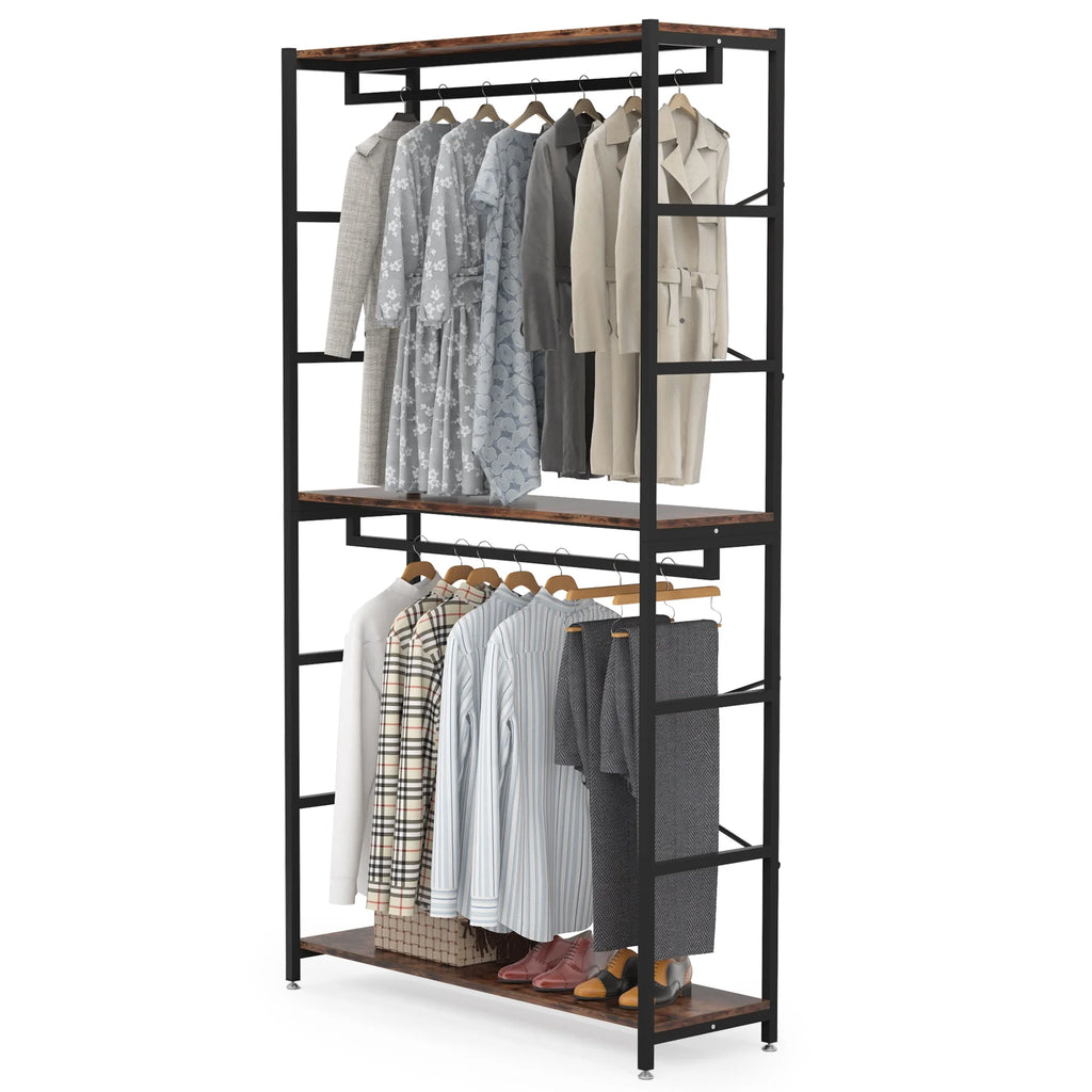 86 inches Double Rod Closet Organizer, Freestanding 3 Tiers Shelves Garment Racks U49108