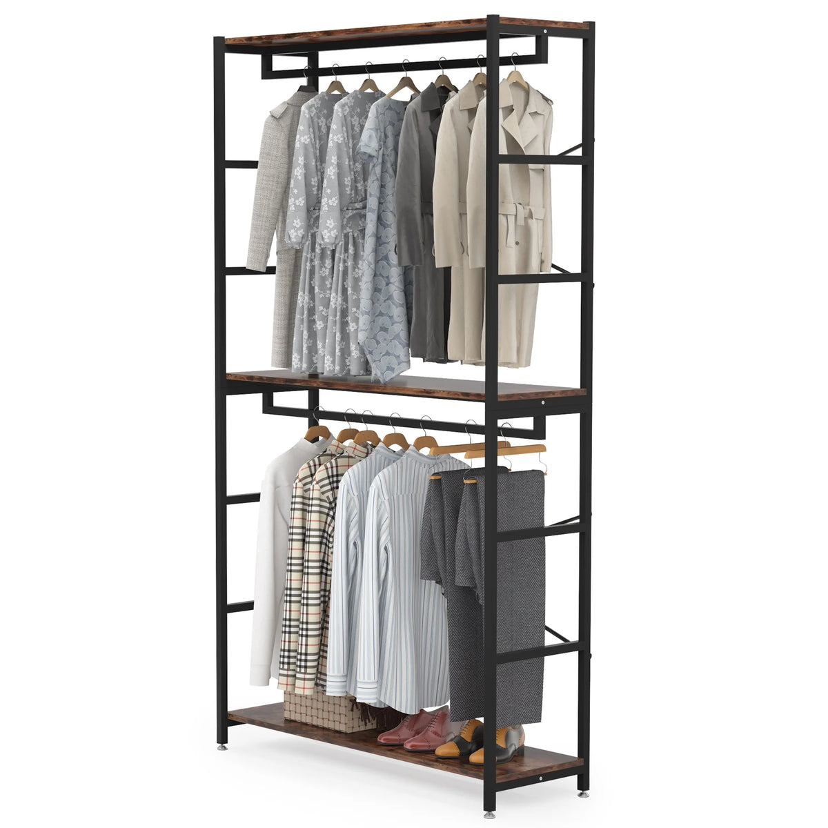 86 inches Double Rod Closet Organizer, Freestanding 3 Tiers Shelves Garment Racks U49108