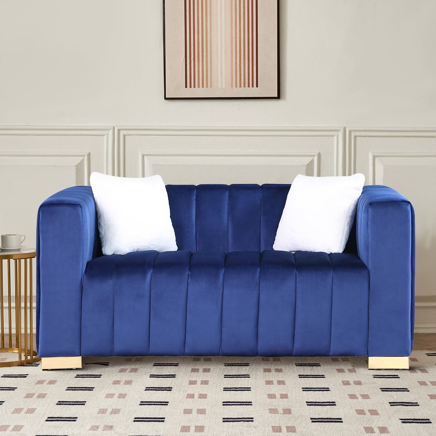 Navy Blue Velvet Upholstered Loveseat Sofa with Metal Legs N51498