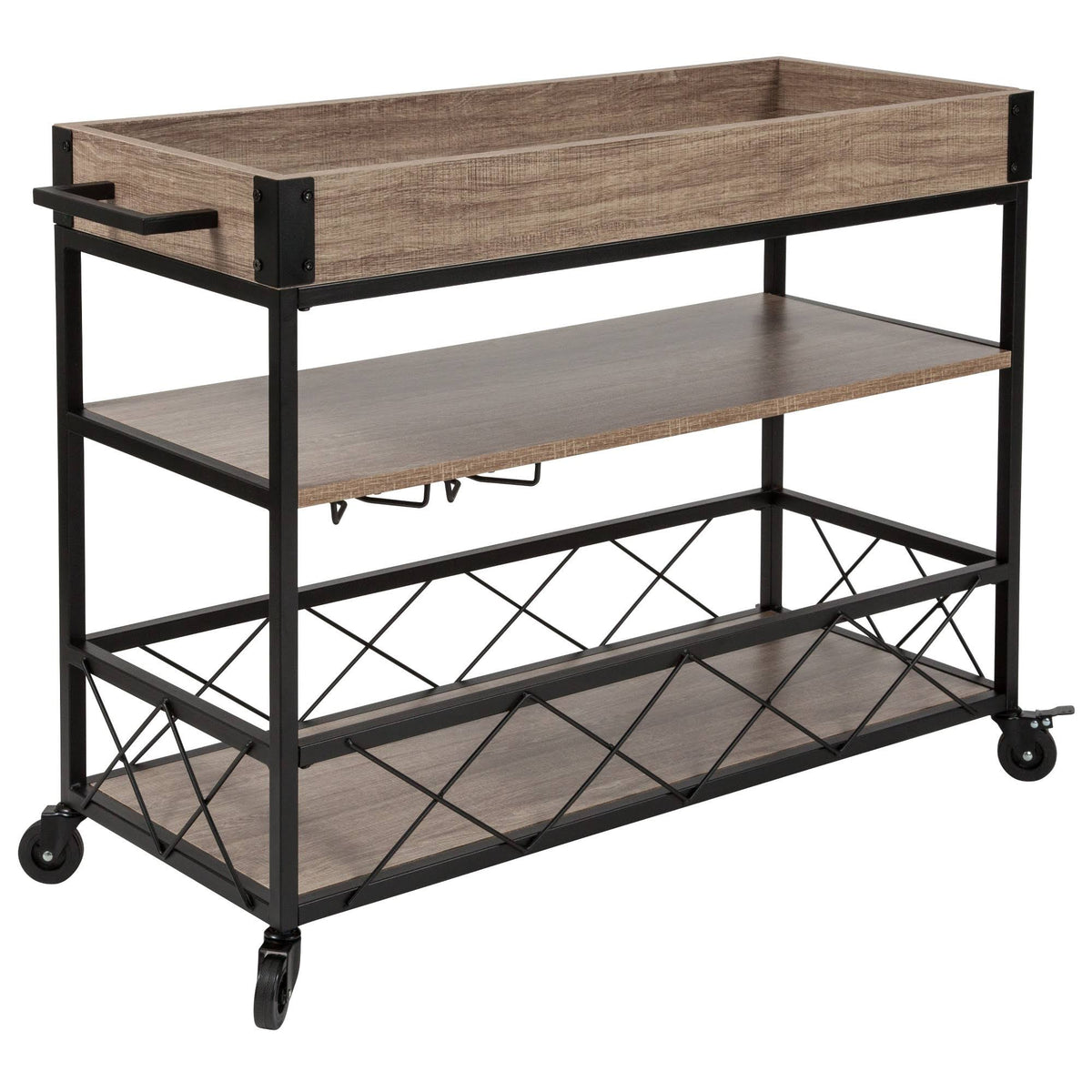 Light Oak Wood Kitchen Bar Cart with Stemware Rack and Locking Casters I6458