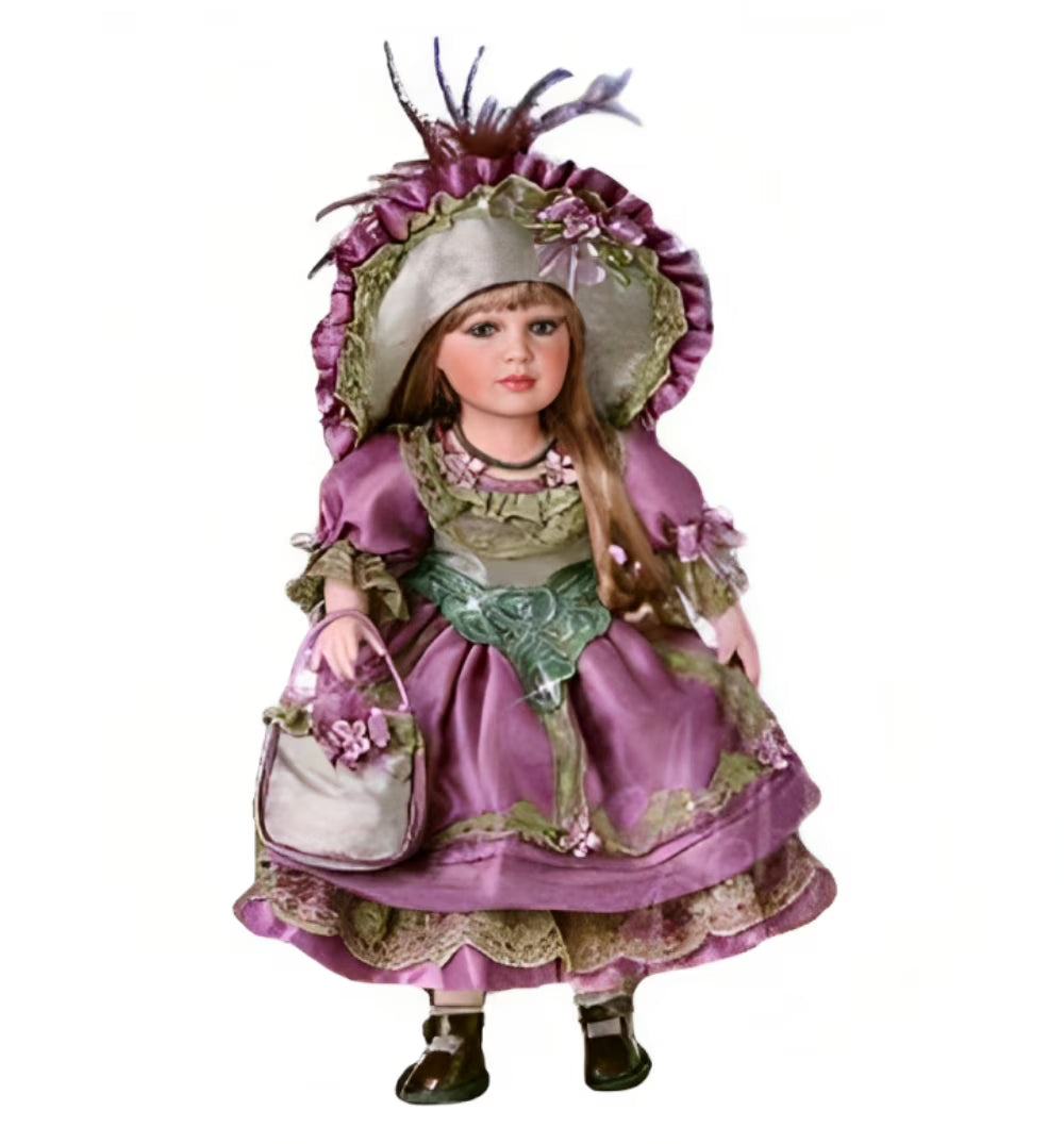 French Porcelain Collectible Doll with Hand-Painted Face and Pink Feather-Trimmed Hat 18-inches C77835