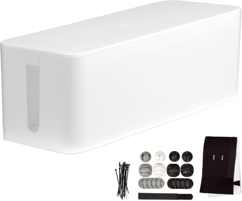 Cable Management Box with Dark Wood Top and White Cord Organizer W114