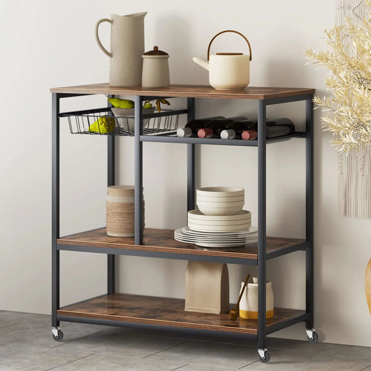 Black 3-Tier Baker's Rack Utility Shelf with Storage and Drawer E839564
