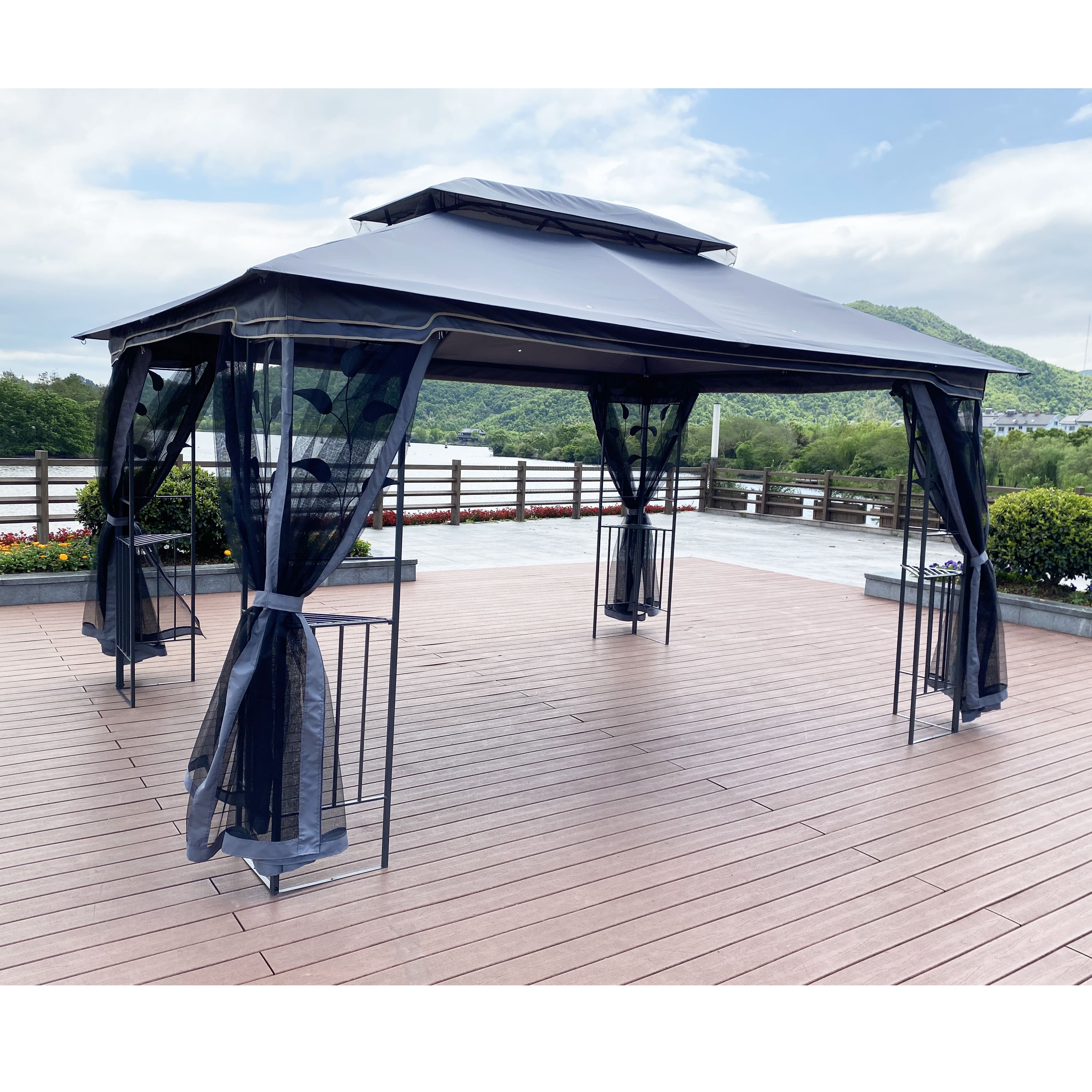 Gray Patio Gazebo Canopy Tent with Mosquito Net V11636