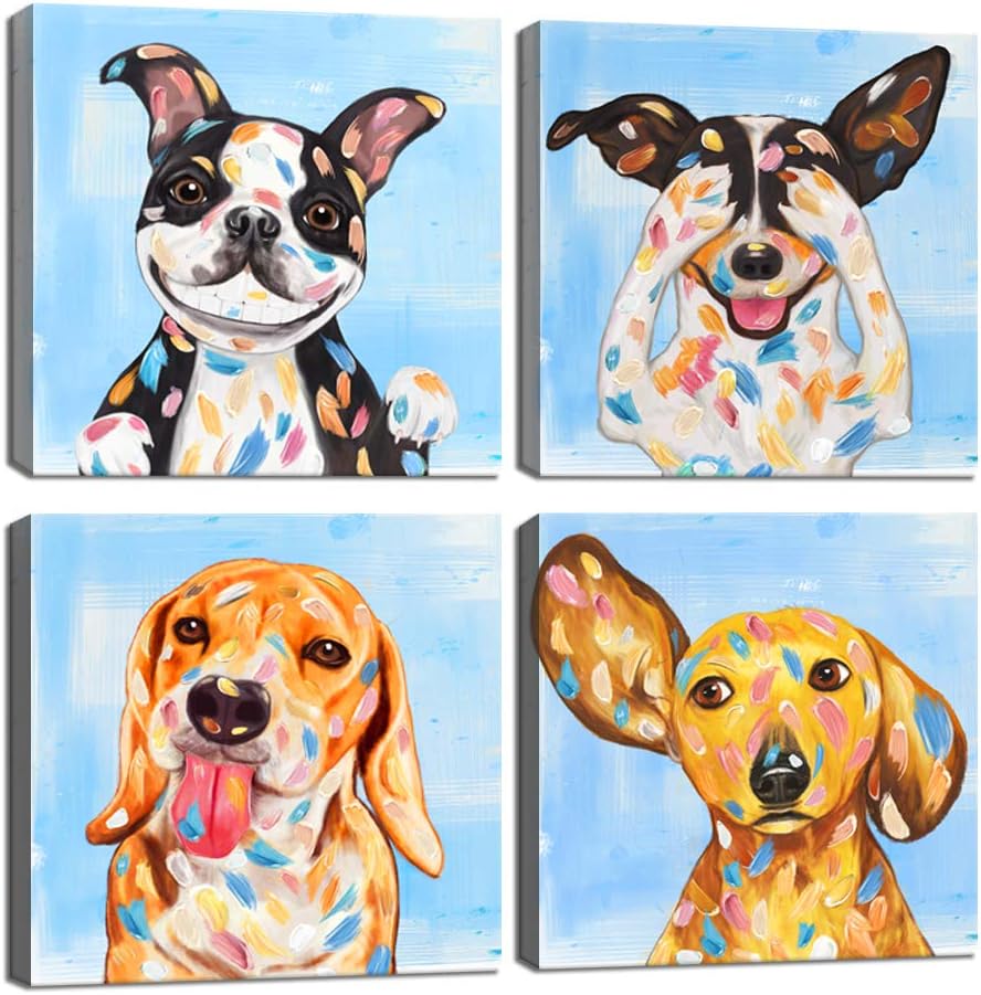 Abstract Puppy Artwork Dog Painting Canvas Gallery Wrapped 12x12inch 4 Panel A8268