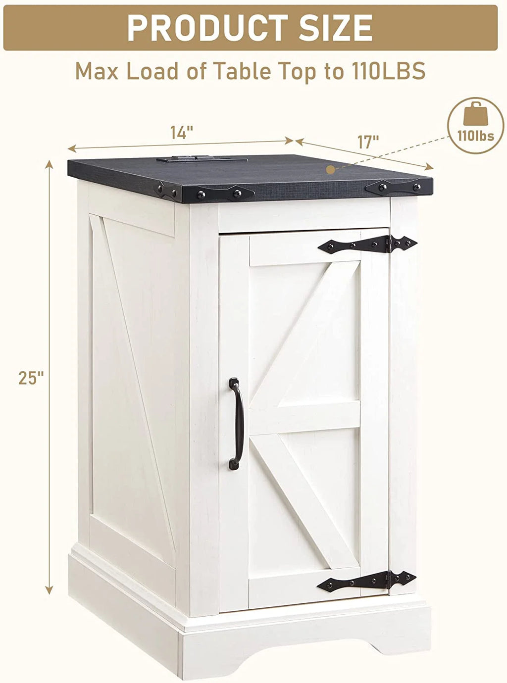 White Farmhouse Wood Nightstand with Charging Station Z30724