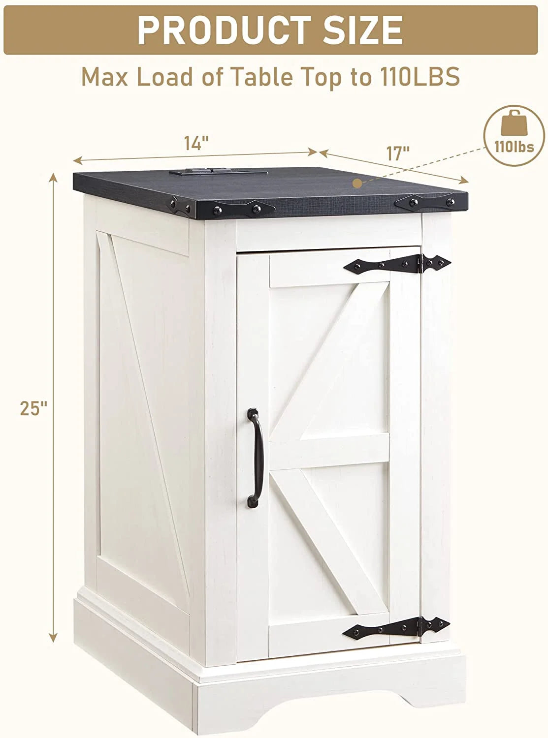 White Farmhouse Wood Nightstand with Charging Station Z30724