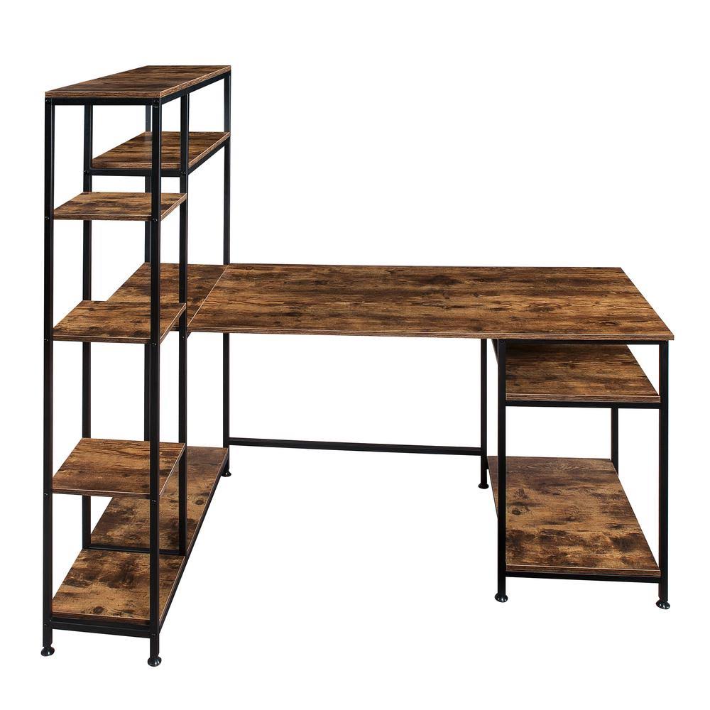 Brown Computer Desk with Storage Shelves and Bookshelf V2679