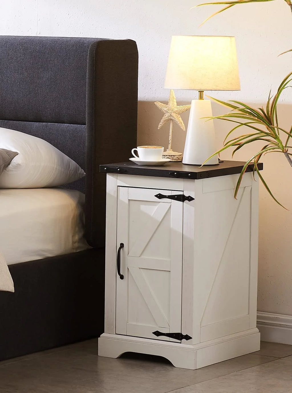 White Farmhouse Wood Nightstand with Charging Station Z30724